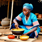 Traditional Togolese Cuisine Scene**

"A vibrant marketplace scene in Togo, featuring a woman in traditional, fully clothed West African attire preparing Egusi soup in a clay pot over a wood-burning stove. Various colorful spices, vegetables, and fruits are displayed around her. Focus on authentic Togolese ingredients and cooking methods. Safe for work, appropriate content, professional photography, perfect anatomy, natural proportions, modest clothing, family-friendly."

**