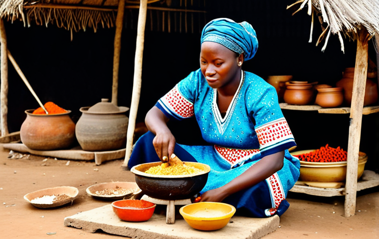 Traditional Togolese Cuisine Scene**

"A vibrant marketplace scene in Togo, featuring a woman in traditional, fully clothed West African attire preparing Egusi soup in a clay pot over a wood-burning stove. Various colorful spices, vegetables, and fruits are displayed around her. Focus on authentic Togolese ingredients and cooking methods. Safe for work, appropriate content, professional photography, perfect anatomy, natural proportions, modest clothing, family-friendly."

**